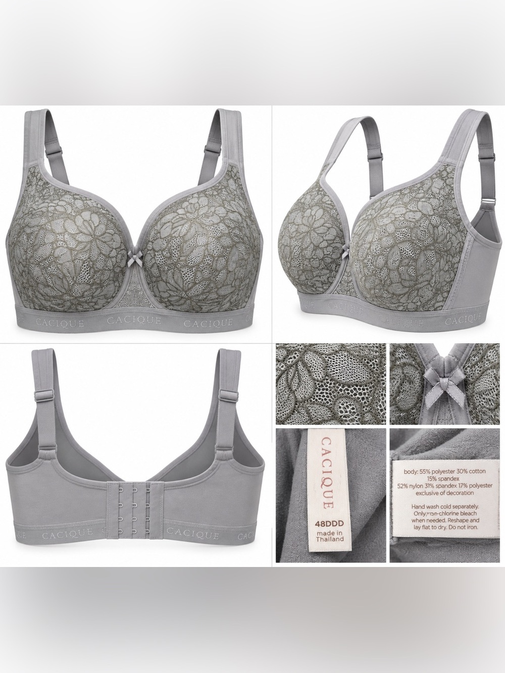 Cacique 48DDD Gray Floral Lace No Wire Full Coverage Bra